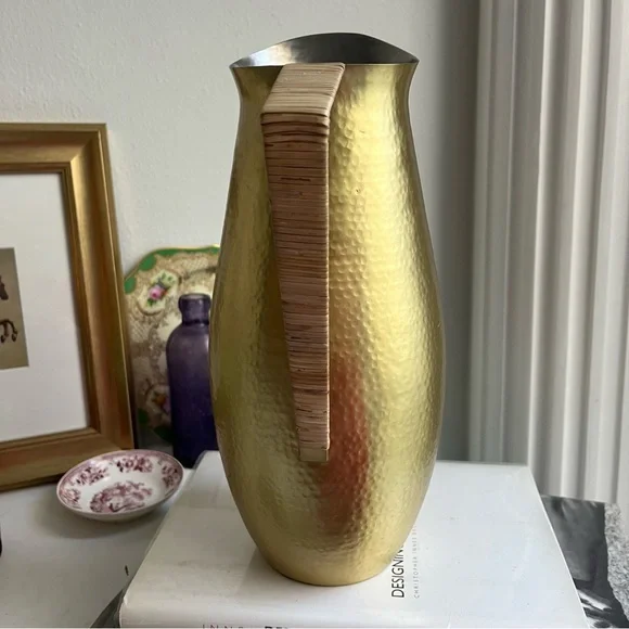 Anthropologie Hearthside Hammered Brass Tone Rattan Handle Pitcher Jug - Picture 3 of 10